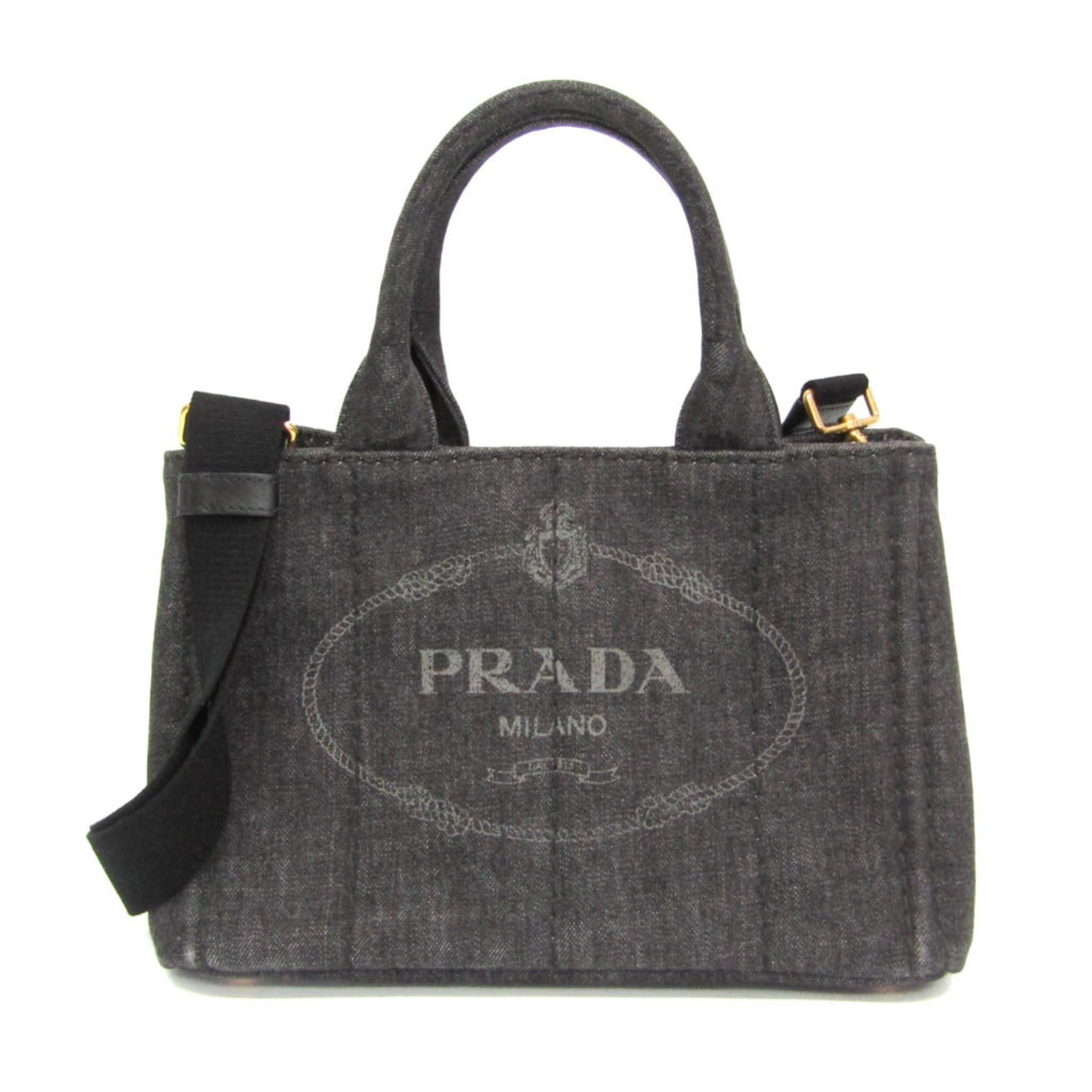 Canapa Prada Tote Bag Shoulder: Canapa Prada Tote Bag Shoulder Black Canapa Prada Tote Bag Shoulder with gold hardware, featuring an open zipper pocket and adjustable strap for a customizable fit, measures 19cm x 29cm x 15cm. The