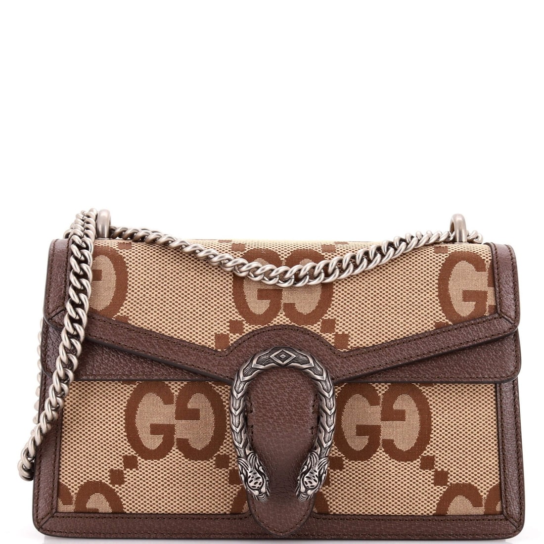 GG Canvas Dionysus Bag Small Jumbo Gucci: GG Canvas Dionysus Bag Small Jumbo Gucci Small Jumbo GG Canvas Dionysus Bag in Brown, featuring iconic Gucci design with canvas exterior and neutral interior, showcasing the signature aged silver