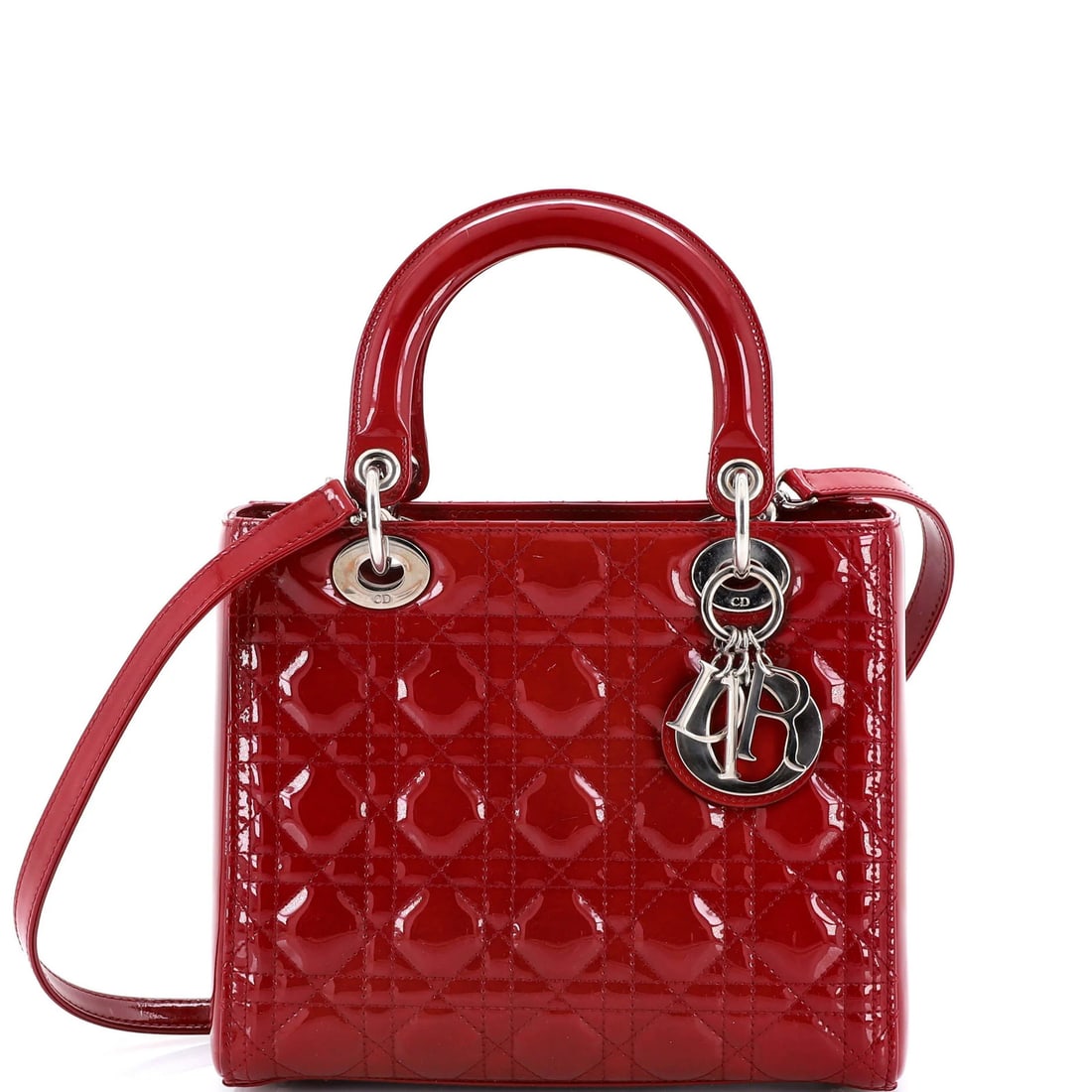 Lady Dior Bag Cannage Medium Patent Quilt Christian: Lady Dior Bag Cannage Medium Patent Quilt Christian The Lady Dior Bag Cannage Medium Patent Quilt Christian is a striking, red patent leather handbag with a quilted design. Measuring 8" tall and 9"