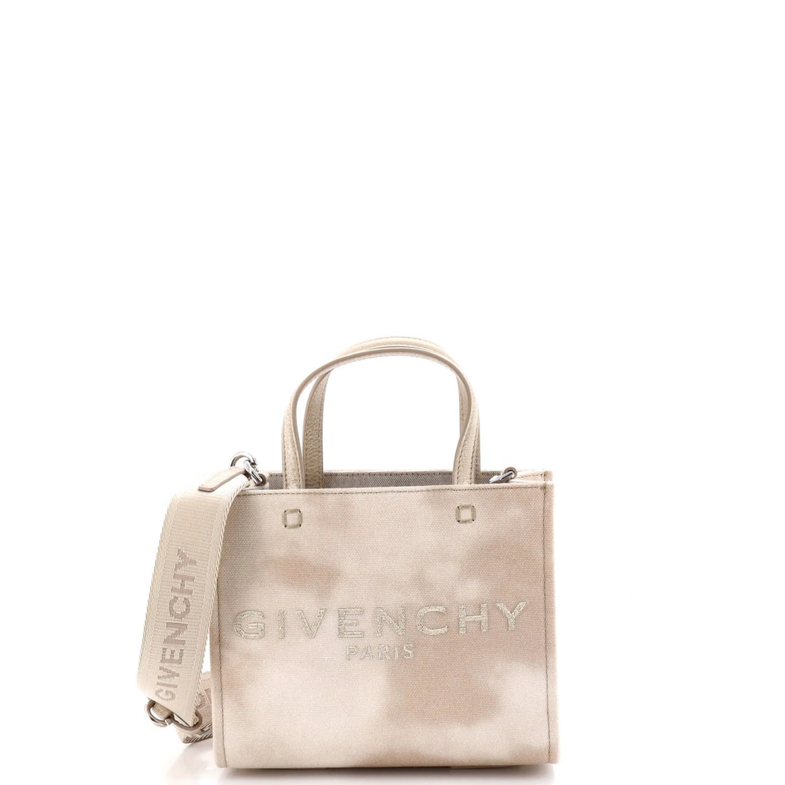 Givenchy Mini Canvas Tote: Givenchy Mini Canvas Tote The Givenchy Mini Canvas Tote is a stylish and compact tote with a neutral exterior, featuring a canvas plain design and silver hardware. Measuring 6.5" x 7.5" x 3.5", it