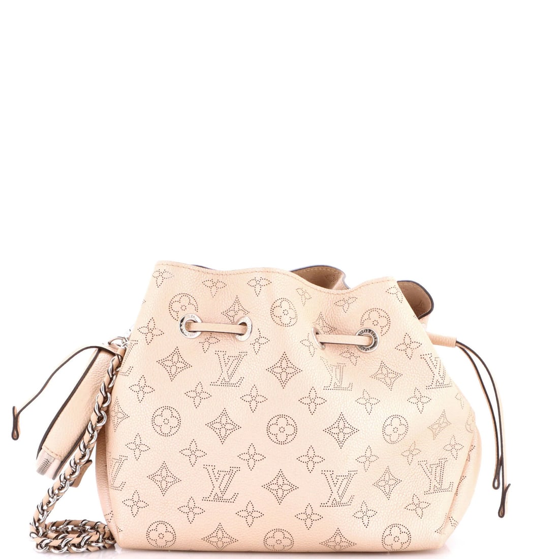 Louis Vuitton Bella Mahina Leather Bucket Bag: Louis Vuitton Bella Mahina Leather Bucket Bag Neutral-toned leather bucket bag with a classic design, featuring a 7" handle drop and adjustable strap drop of 18-21". The bag's exterior shows signs of