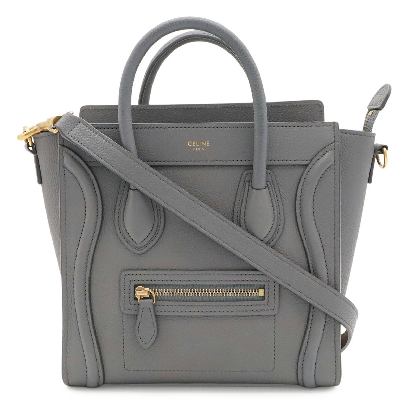 Handbag Leather Shoulder Bag Celine: Handbag Leather Shoulder Bag Celine Celine MPN 189243 Handbag Leather Shoulder Bag features a sleek black and gray leather design, measuring 19.5cm x 10cm x 7.67'' x 3.93''. The bag's compact size