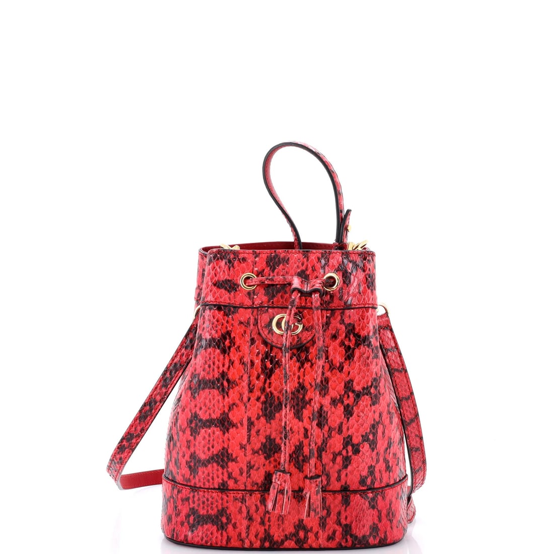 Bucket Bag Python Small Gucci: Bucket Bag Python Small Gucci Python skin adds a bold touch to this small Gucci bucket bag, featuring a striking red exterior with neutral leather interior and gold hardware. Minor scuffs and creases 