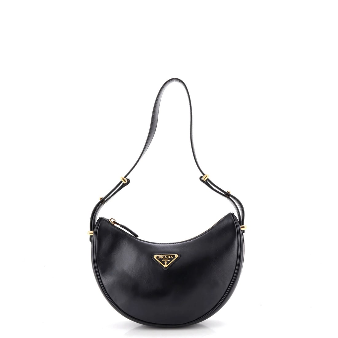 Half Moon Hobo Leather Small Prada Arque: Half Moon Hobo Leather Small Prada Arque Small, sleek, and stylish, this Prada Arque Half Moon Hobo Leather Small is a chic accessory perfect for everyday use. With its classic black leather exterior