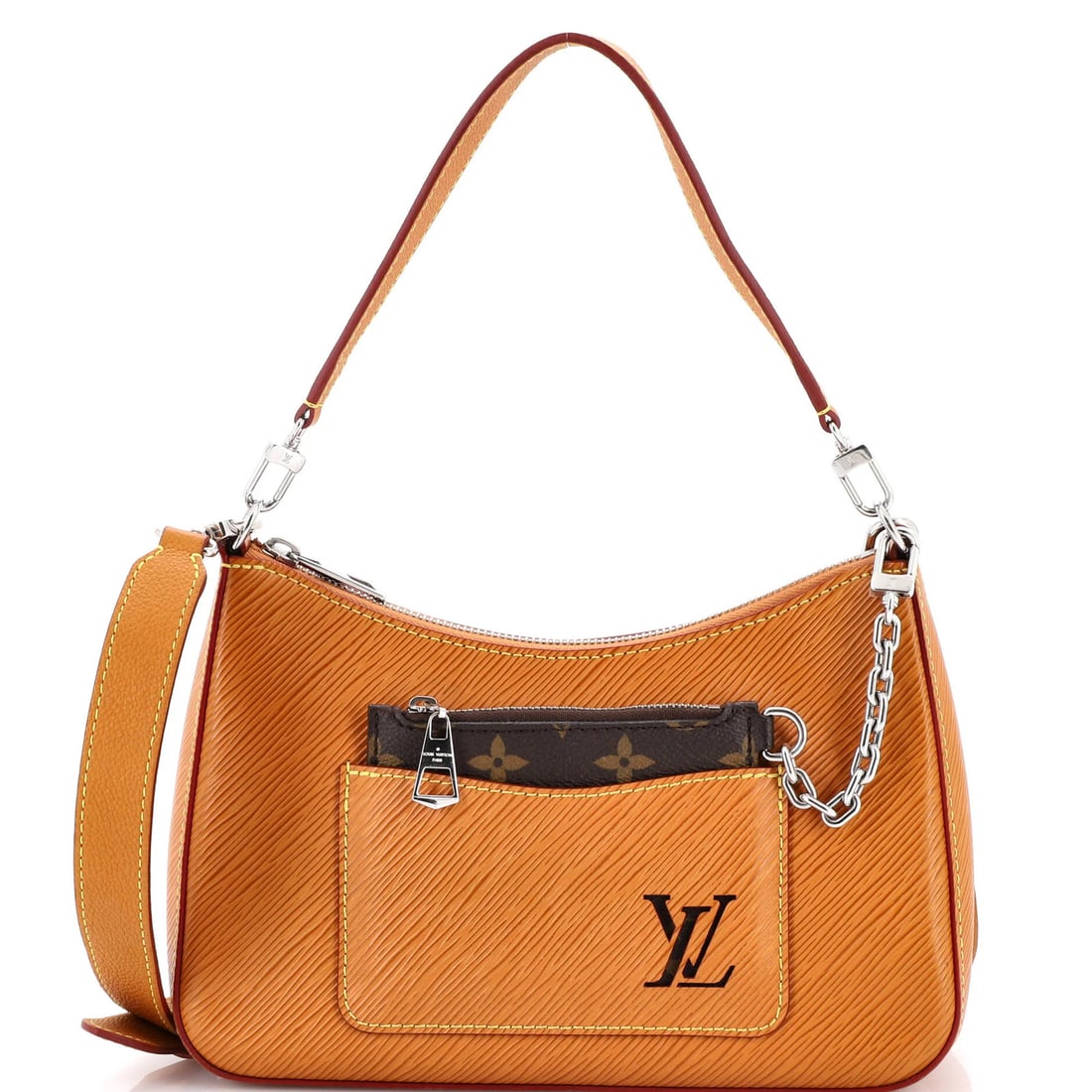 Leather Epi Marelle Handbag Louis Vuitton: Leather Epi Marelle Handbag Louis Vuitton Brown Epi Marelle Handbag with Scuffs and Minor Wear. This Louis Vuitton Marelle Handbag features scuffs, edge wear, corner wear, and minor creases on its