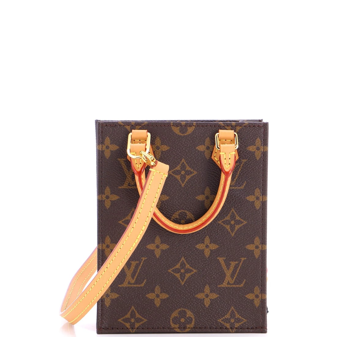 Sac Bag Monogram Canvas Petit Louis Vuitton: Sac Bag Monogram Canvas Petit Louis Vuitton Brown canvas coated Louis Vuitton Petit Sac Plat bag with gold hardware, featuring a classic monogram canvas design. This cross body bag has a handle drop