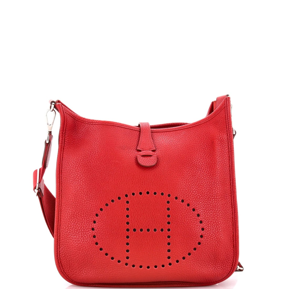 Evelyne Bag Gen III Clemence Hermes PM: Evelyne Bag Gen III Clemence Hermes PM Red Herm?s Evelyne Bag Gen III Clemence PM features a classic cross body design with a 19.5-27.5" handle drop and 10.5" height. The exterior shows edge wear,