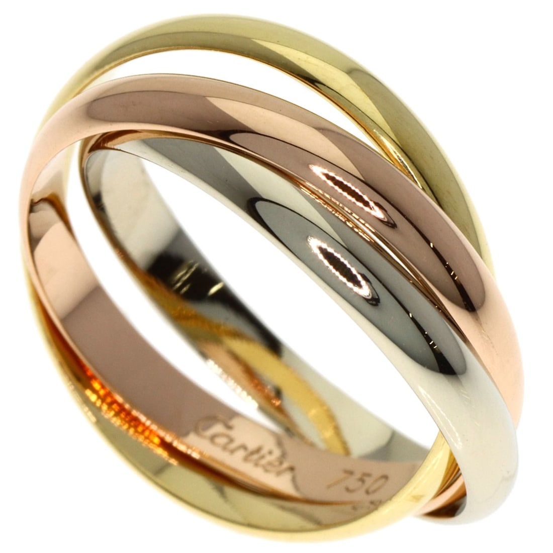 Cartier Trinity Sm #50 Ring K18 Yellow Gold 18K Pink Gold: Cartier Trinity Sm #50 Ring K18 Yellow Gold 18K Pink Gold Cartier's iconic Trinity design is showcased in this striking 18K yellow gold ring, featuring a signature that bears the Cartier hallmark.