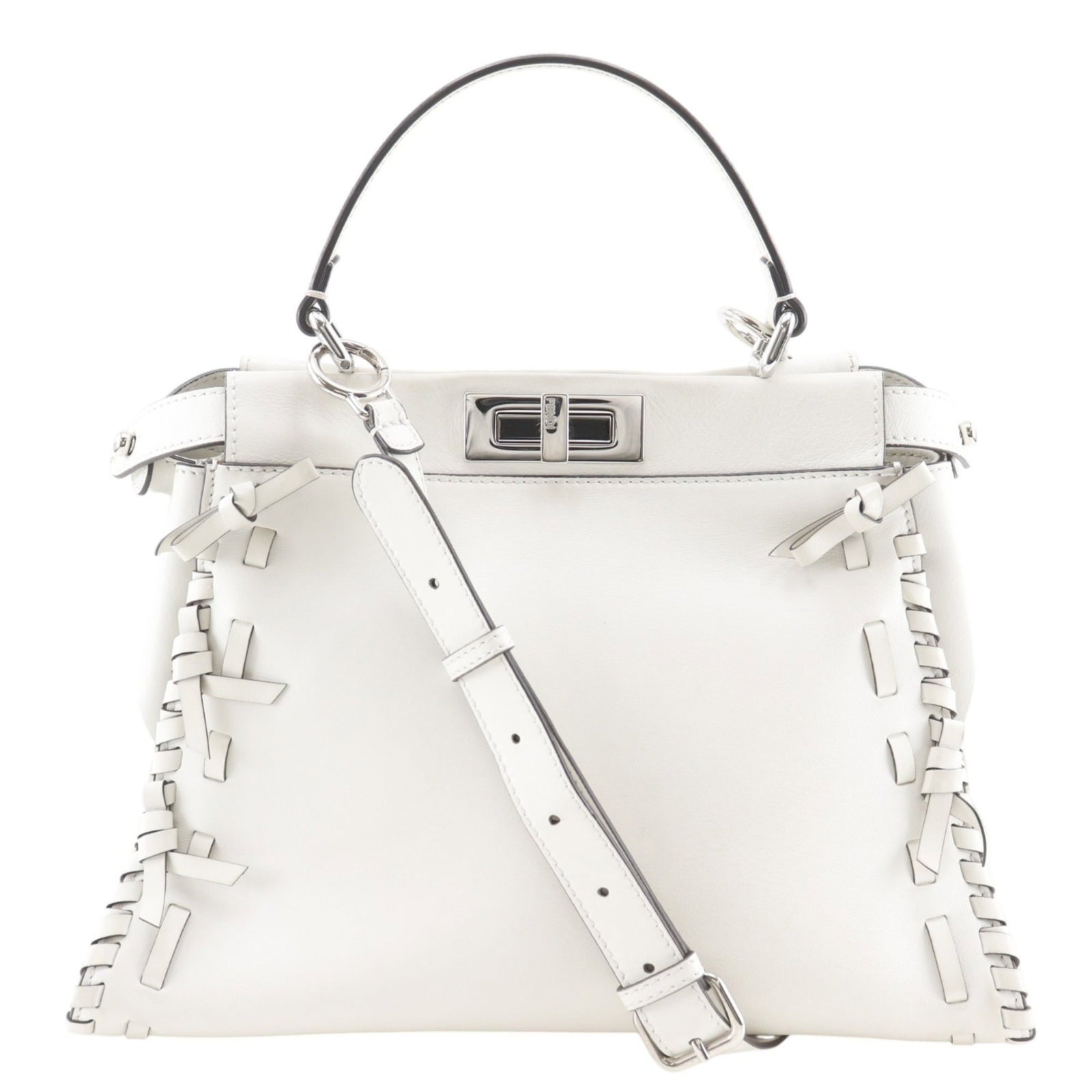 Handbag Leather Fendi: Handbag Leather Fendi White Fendi handbag made from high-quality leather, featuring a classic design with a signature. The bag measures 24cm x 33cm x 12cm and is a stylish accessory for women. Item