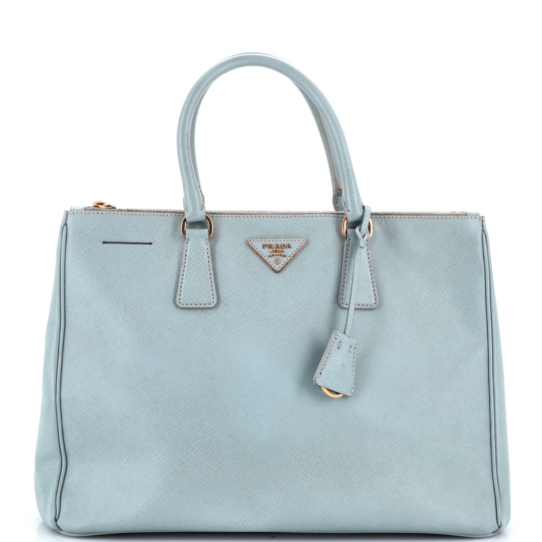 Saffiano Leather Double Tote Lux Prada Large: Saffiano Leather Double Tote Lux Prada Large Saffiano Leather Double Zip Lux Tote in Blue measures 10.5" high, 14" wide, and 6" deep, with a 4.5" drop handle. The exterior features heavy corner wear,