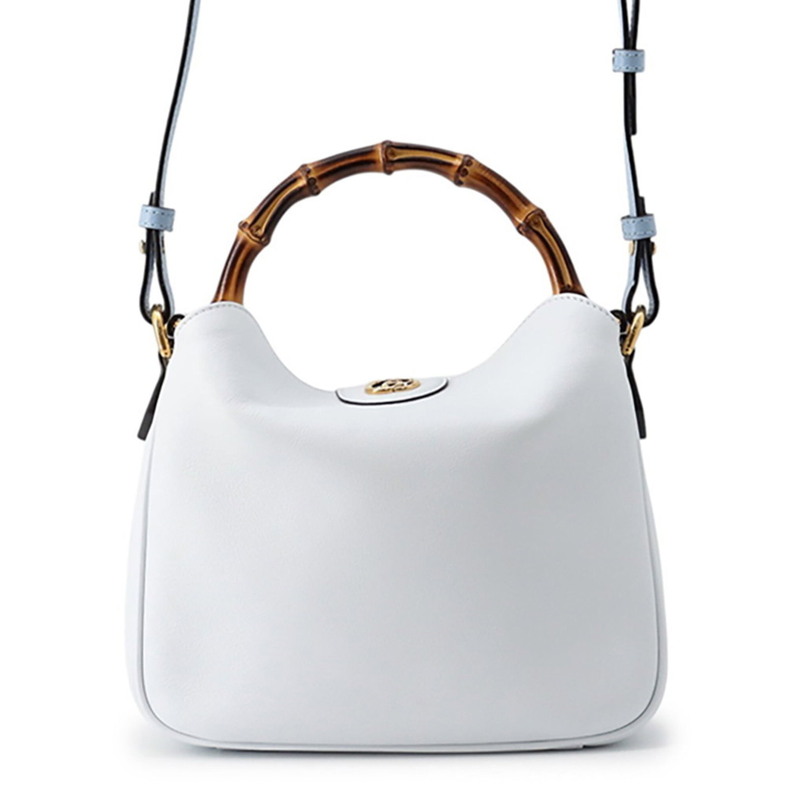 Bamboo Leather Handbag Gucci: Bamboo Leather Handbag Gucci Bamboo and leather come together in this unique Gucci handbag, featuring a light blue color and gold hardware. Made with sustainable bamboo, this bag combines