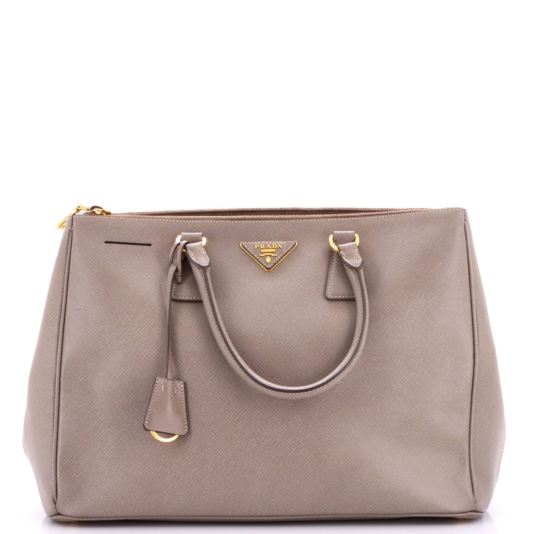 Saffiano Leather Double Tote Lux Prada Large: Saffiano Leather Double Tote Lux Prada Large Saffiano Leather Double Zip Lux Prada Large Tote boasts a sleek, gray exterior with a spacious interior, perfect for daily essentials. Measuring 10.5"