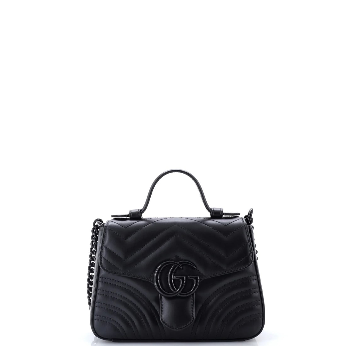 Marmont Matelasse Leather Mini Handle Top Bag Flap Gucci: Marmont Matelasse Leather Mini Handle Top Bag Flap Gucci Black Matelasse Leather Mini Top Handle Flap Bag with Silver and Black Hardware, featuring the iconic GG Marmont Monochrome design, is a