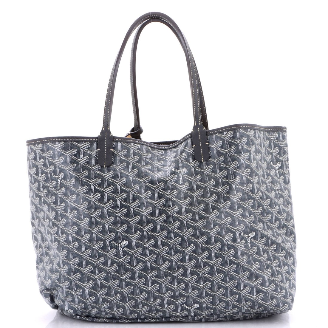 Saint Louis Tote Goyard Coated Canvas PM: Saint Louis Tote Goyard Coated Canvas PM Gray canvas coated PM tote with neutral interior, featuring silver hardware and a classic Saint Louis design. Measuring 11" tall, 13.5" wide, and 6" deep,