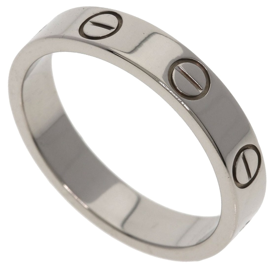 Love Ring Gold White K18 Cartier Mini Ring #50: Love Ring Gold White K18 Cartier Mini Ring #50 K18 White Gold Cartier Mini Ring #50 boasts a sleek, silver metal design with a signature that bears a mark of excellence. This 5.25 US ring size piece