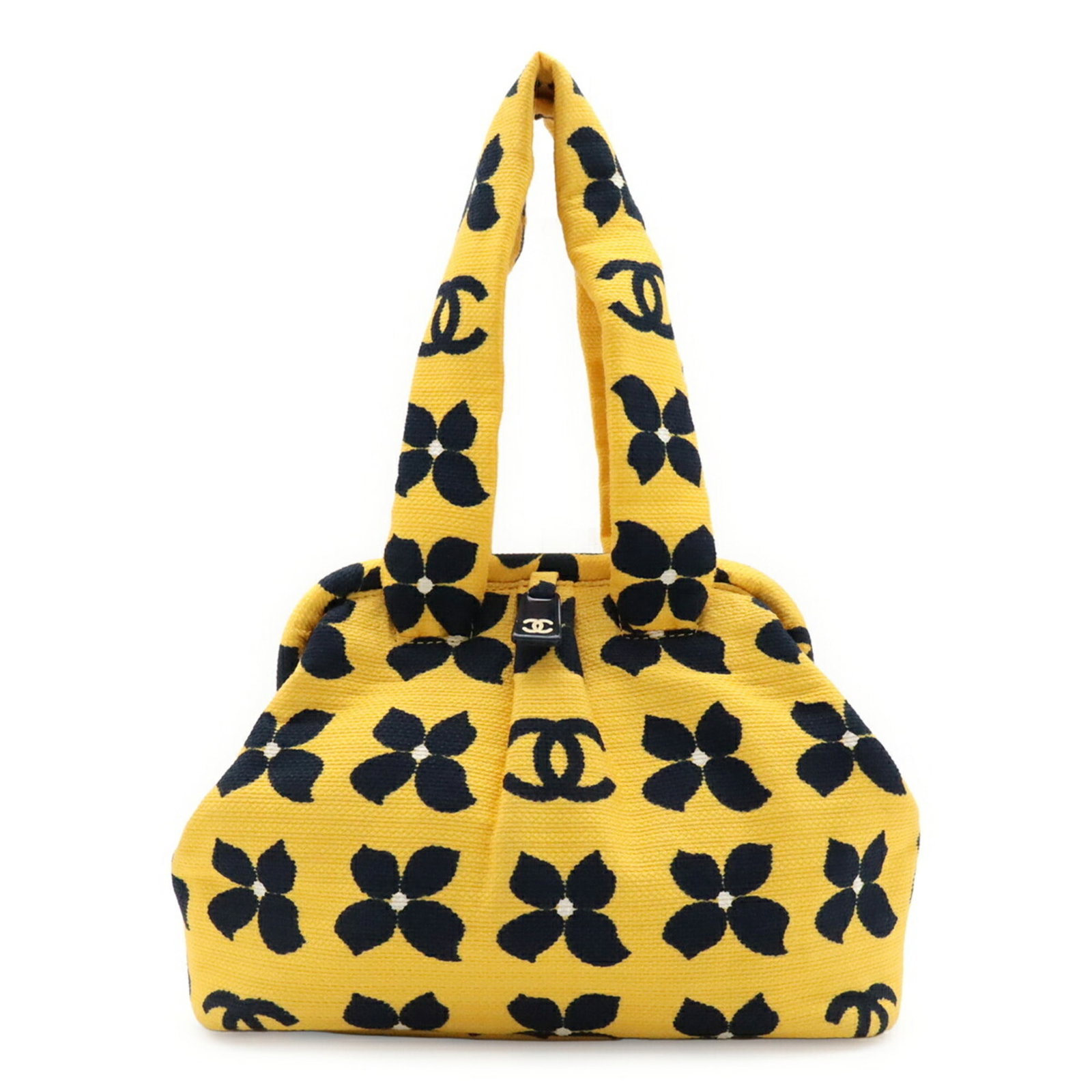 Handbag Canvas by Chanel: Handbag Canvas by Chanel Canvas by Chanel, a sleek and sophisticated black handbag with a yellow accent, features a zipper outer pocket for added convenience. Made from high-quality canvas material,