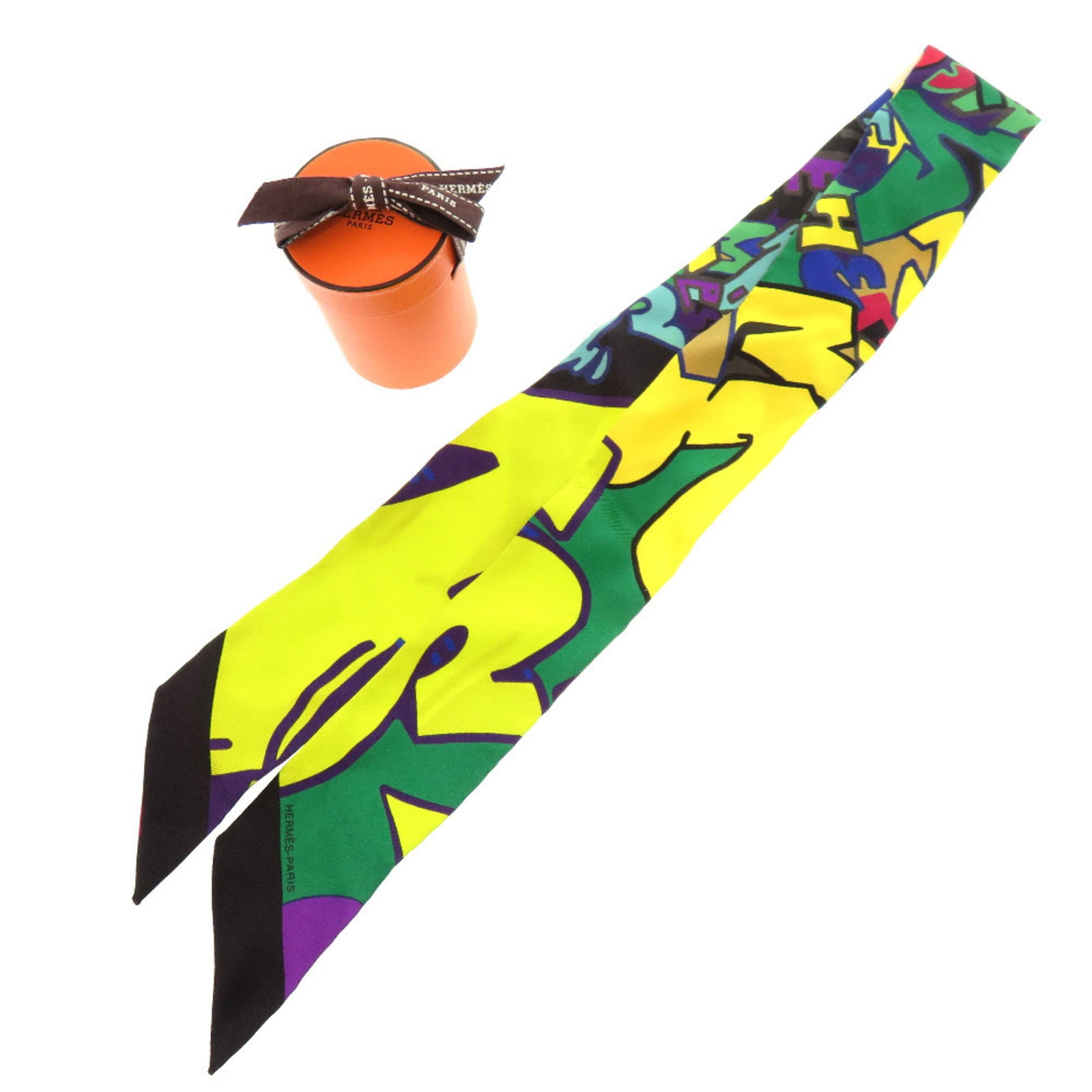Silk Hermes Scarf: Silk Hermes Scarf Silk from France, this Hermes scarf features a vibrant green, purple, and yellow color combination. Made from high-quality silk, it measures 85cm x 33.46'' and comes in a luxurious b