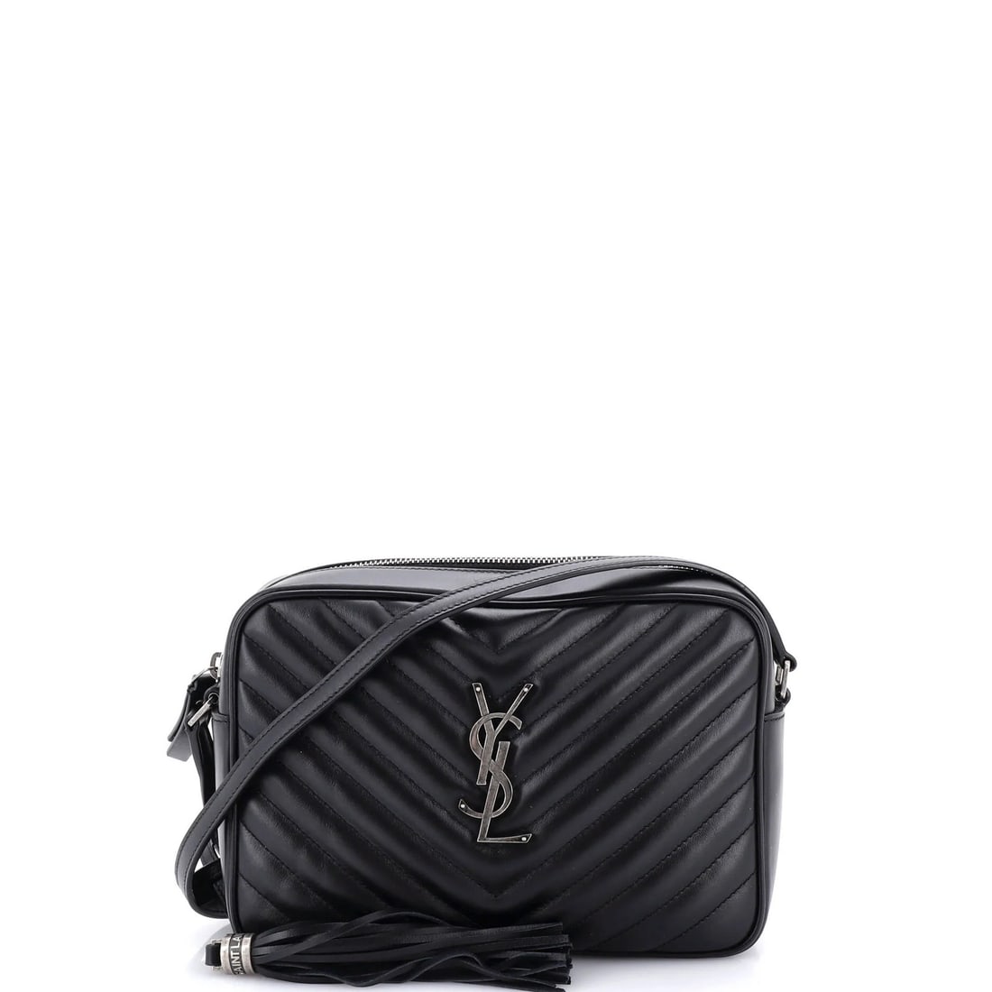 Matelasse Leather Chevron Bag Small Camera Lou Saint: Matelasse Leather Chevron Bag Small Camera Lou Saint Small Matelasse Leather Chevron Bag by Saint Laurent. This black leather cross body bag features a distinctive chevron pattern and a classic