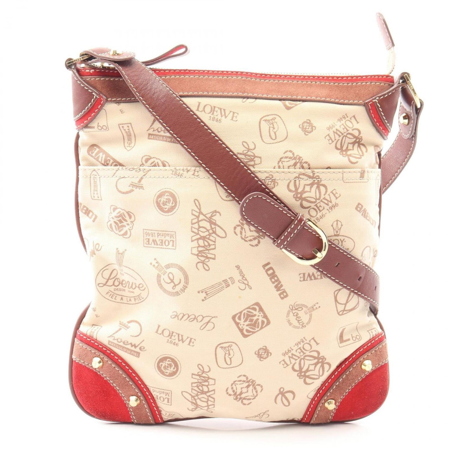 Loewe Handbag Canvas Suede Leather Shoulder: Loewe Handbag Canvas Suede Leather Shoulder Canvas, suede, and leather come together in this unique Loewe shoulder bag, available in beige, brown, and red colors. Measuring 30cm x 27cm x 2cm, it