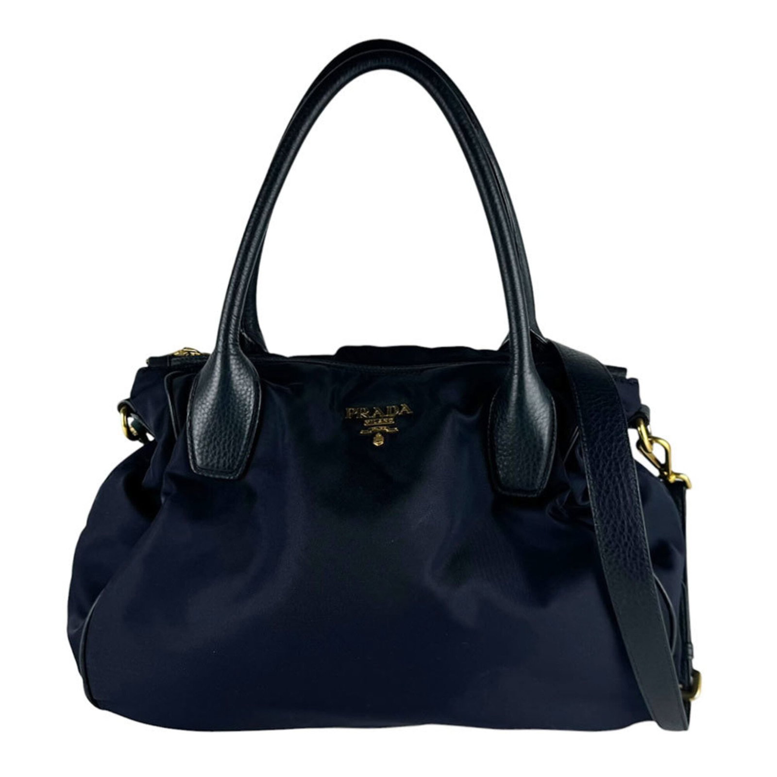 Handbag Nylon Leather Bag Prada Shoulder: Handbag Nylon Leather Bag Prada Shoulder Navy Prada shoulder bag made from a combination of nylon and leather, featuring a classic design with a 27cm x 35cm x 15cm size. This stylish bag is a great ad