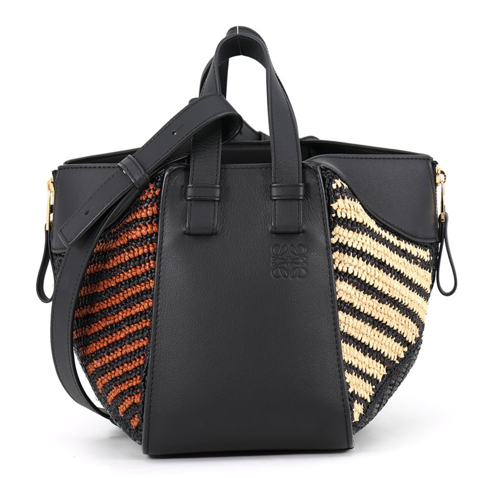 Raffia Leather Shoulder Bag Loewe: Raffia Leather Shoulder Bag Loewe Raffia leather shoulder bag from Loewe, featuring a unique combination of materials and a sleek black and orange color scheme. The bag boasts a spacious interior and