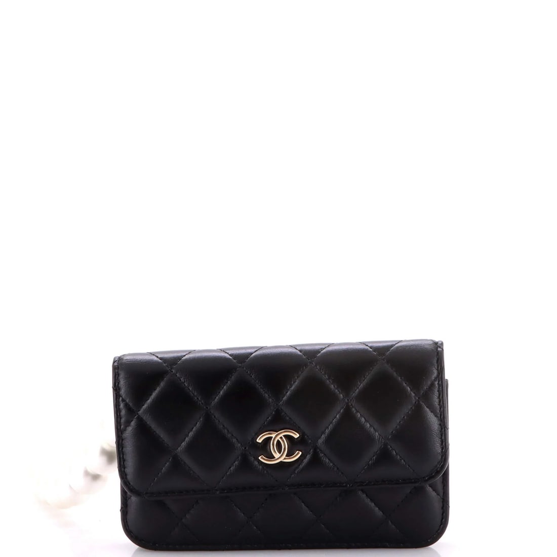 Chanel Pearl Strap Quilted Chain Calfskin Clutch: Chanel Pearl Strap Quilted Chain Calfskin Clutch Black faux pearl leather quilted chain calfskin cross body clutch with gold tone hardware, featuring a 3.5" height and 6" width, and a 21" handle