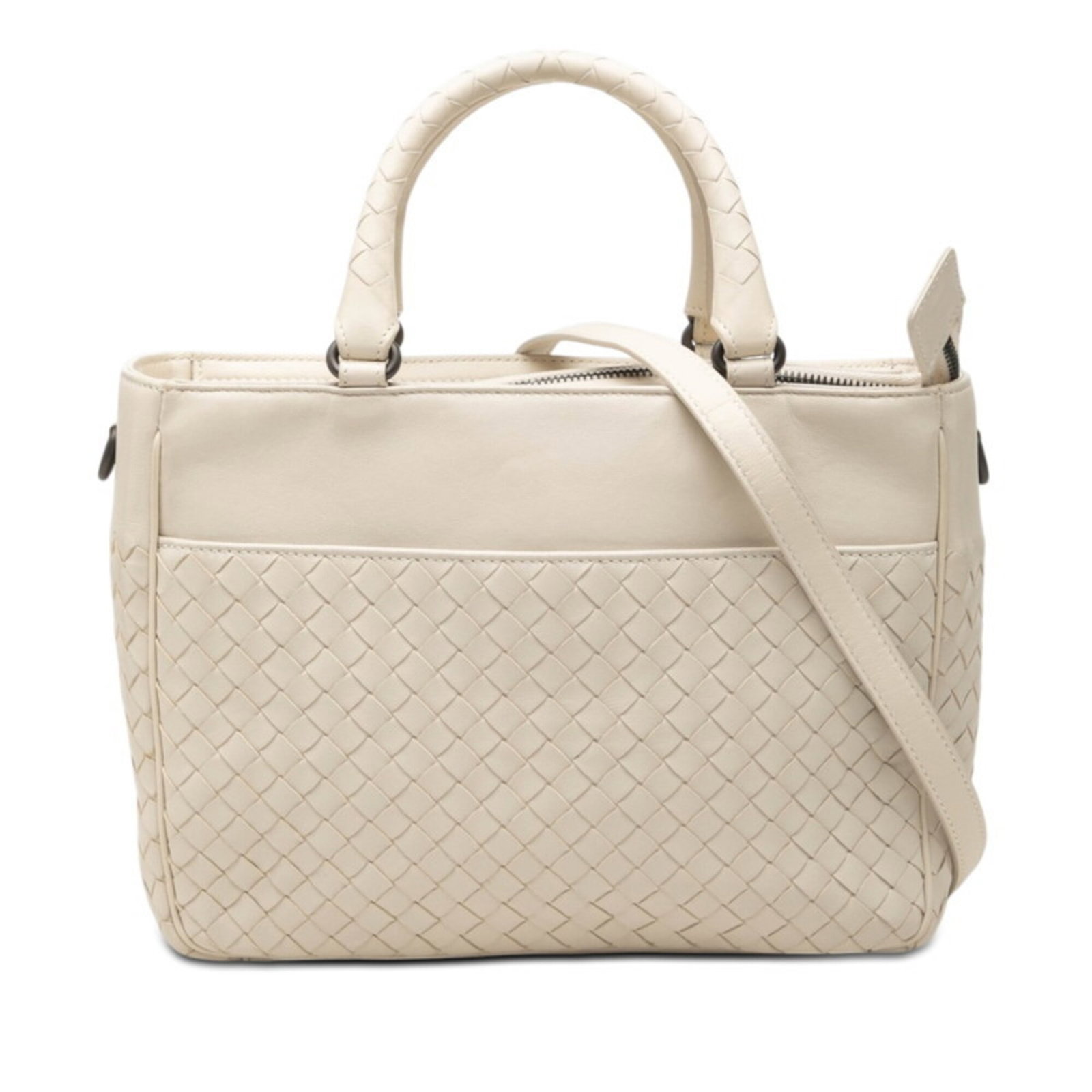Veneta Leather Handbag Bag Shoulder: Veneta Leather Handbag Bag Shoulder Ivory leather shoulder bag with a classic design, featuring an Intrecciato pattern and a sturdy zipper closure. Measuring 20cm x 26cm x 10cm, this Bottega Veneta