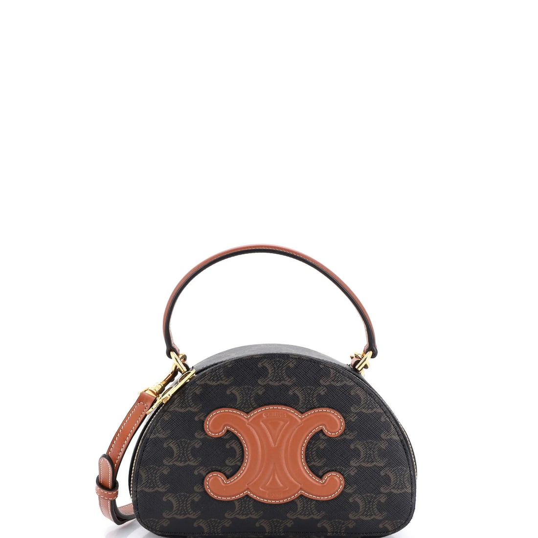 Coated canvas case with leather half moon Celine Triomphe: Coated canvas case with leather half moon Celine Triomphe Brown Celine Triomphe Half Moon Case with Coated Canvas and Leather Exterior. This cross body bag features a coated canvas exterior in brown,