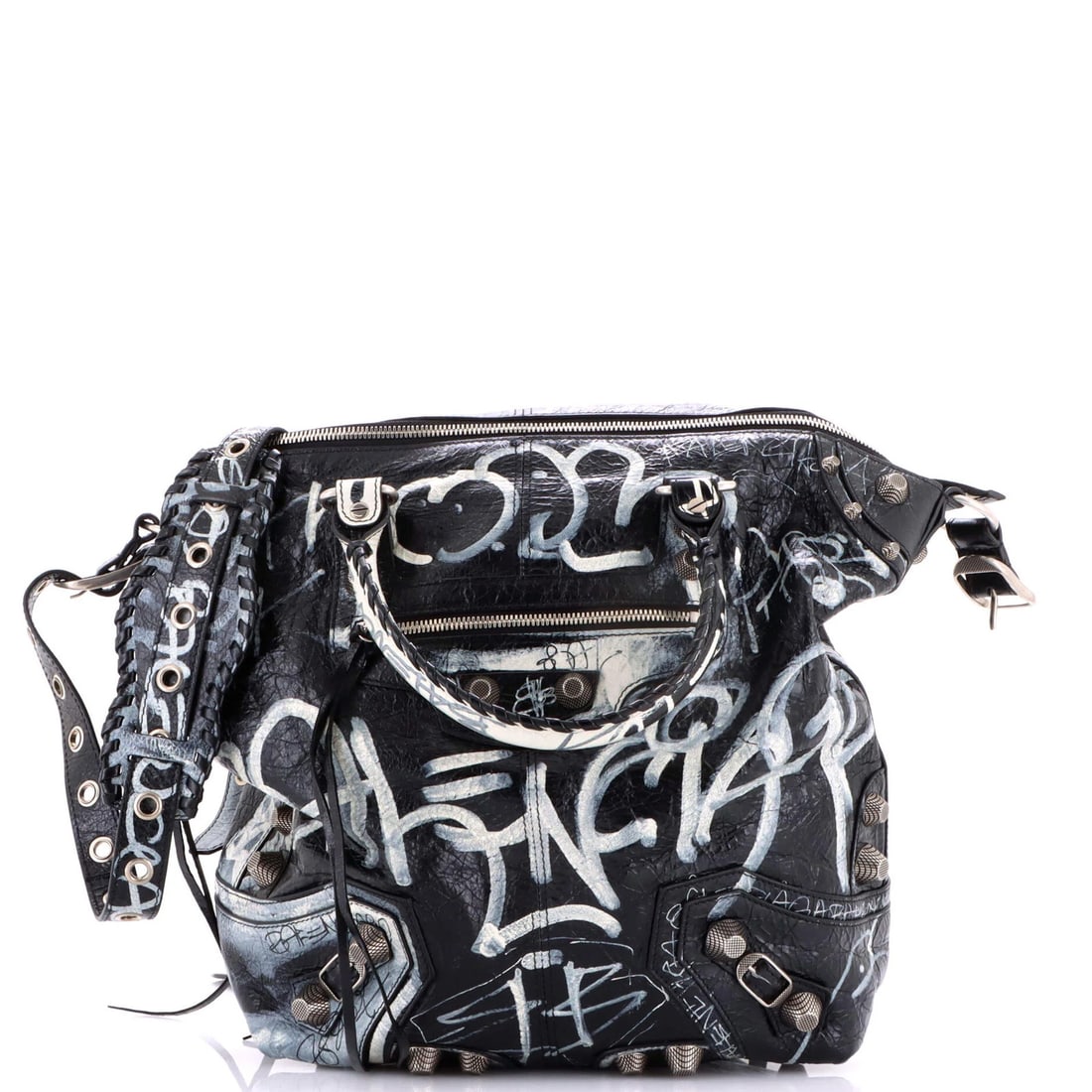 Le Cagole Graffiti Men Tote Leather Medium: Le Cagole Graffiti Men Tote Leather Medium Black leather medium tote with silver hardware. Features a medium size with 15-25" strap drop and 6" handle drop, and a durable exterior with heavy corner we