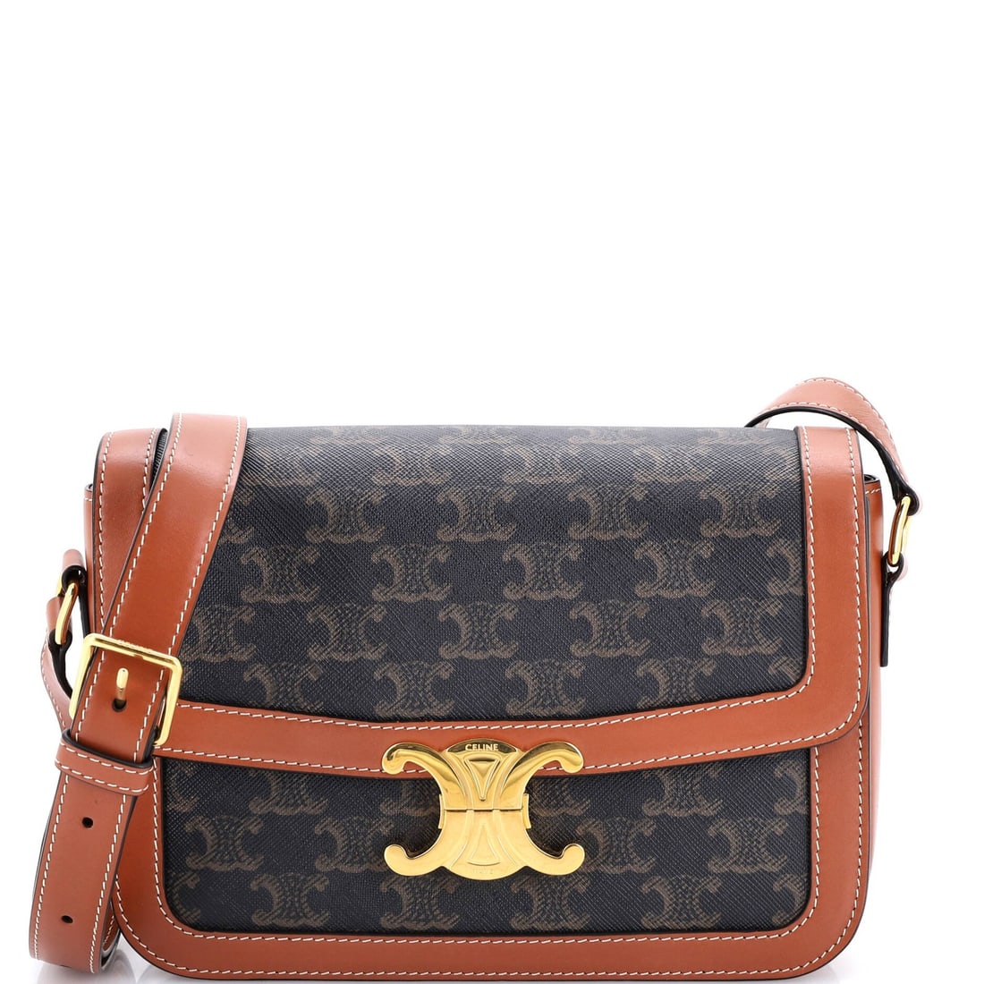 Triomphe Celine Coated Canvas Medium Shoulder Bag: Triomphe Celine Coated Canvas Medium Shoulder Bag The Triomphe Celine Coated Canvas Medium Shoulder Bag boasts a rich, brown canvas exterior with a touch of gold hardware, adding a sophisticated touch