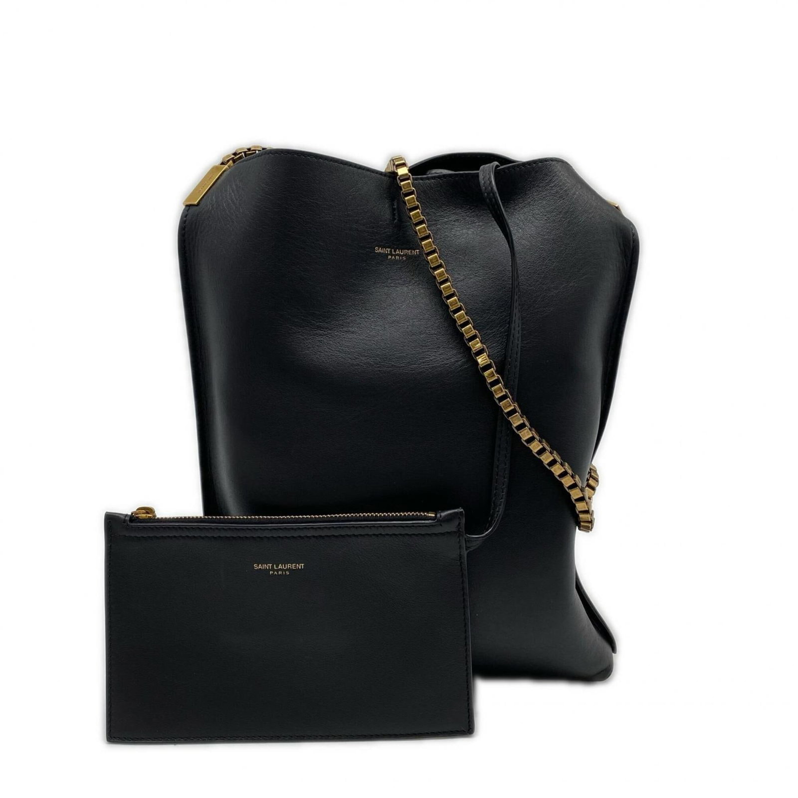 Saint Laurent Yves Leather Shoulder Bag: Saint Laurent Yves Leather Shoulder Bag This black leather shoulder bag features a sleek design with an open closure and measures 30cm x 20cm x 4.5cm. The bag's strap length is 72cm, providing a