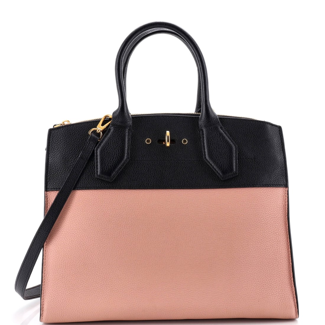 Leather Handbag City MM Louis Vuitton: Leather Handbag City MM Louis Vuitton Pink Leather Louis Vuitton City Steamer Handbag MM measures 10" high, 12" wide, and 5" deep, with a 4.5" drop handle and 14" strap drop. The exterior features a p