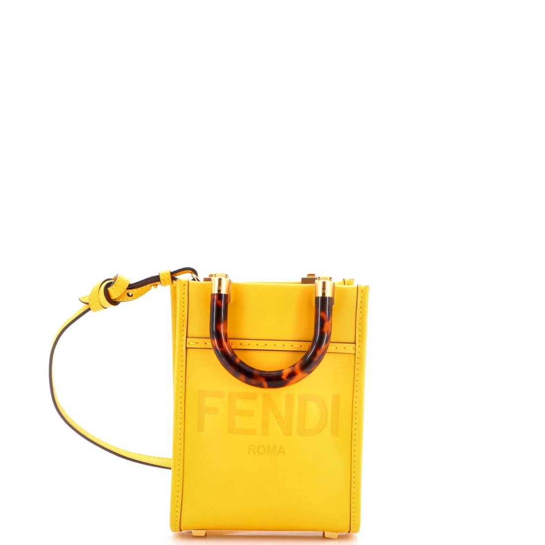 Fendi Shopper Tote Leather Mini Sunshine: Fendi Shopper Tote Leather Mini Sunshine Yellow Fendi Shopper Tote Leather Mini Sunshine with gold hardware, featuring a small size and cross body design. This mini shopper tote boasts a bright and ch