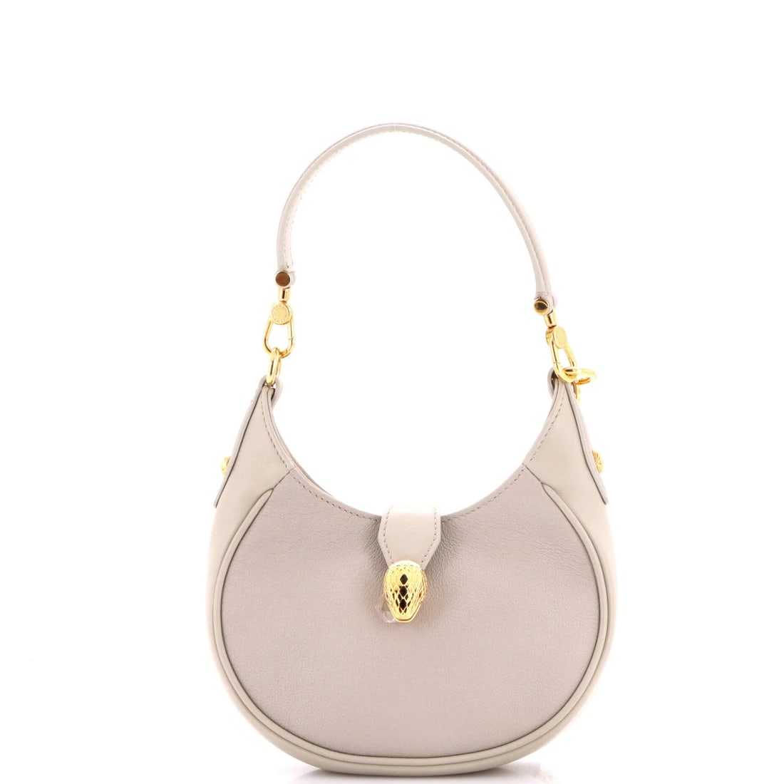 Serpenti Ellipse Leather Mini Crossbody Bag by Bvlgari: Serpenti Ellipse Leather Mini Crossbody Bag by Bvlgari Serpenti Ellipse Leather Mini Crossbody Bag by Bvlgari features a neutral exterior with minor scuffs and creases, and a striking red interior.