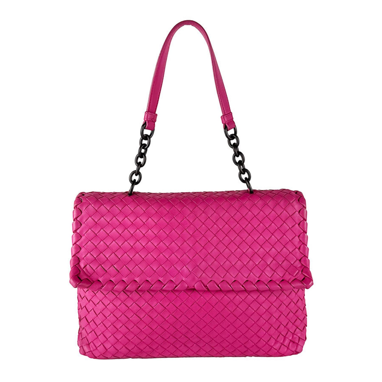 Intrecciato Bag Veneta Bottega: Intrecciato Bag Veneta Bottega Intrecciato woven in a signature Venetian style, this pink Bottega Veneta shoulder bag boasts a timeless design. Measuring 21cm x 30cm x 9cm, its compact size belies