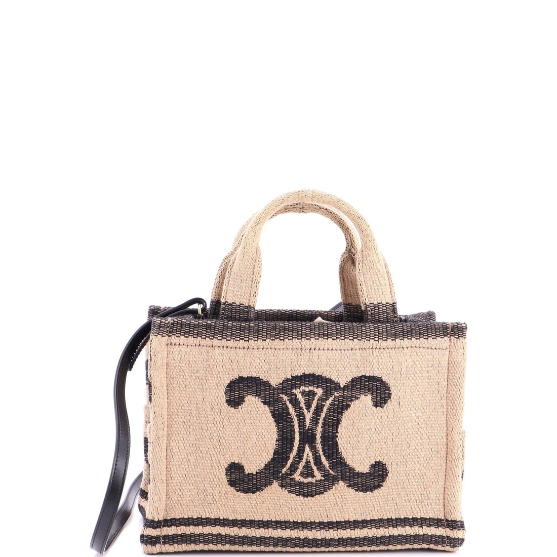 Triomphe Thais Tote Cabas Celine Small Printed Textile: Triomphe Thais Tote Cabas Celine Small Printed Textile Small Triomphe Thais Tote Cabas Celine in Black with Gold Hardware. This small, black Celine tote features a printed textile exterior with minor