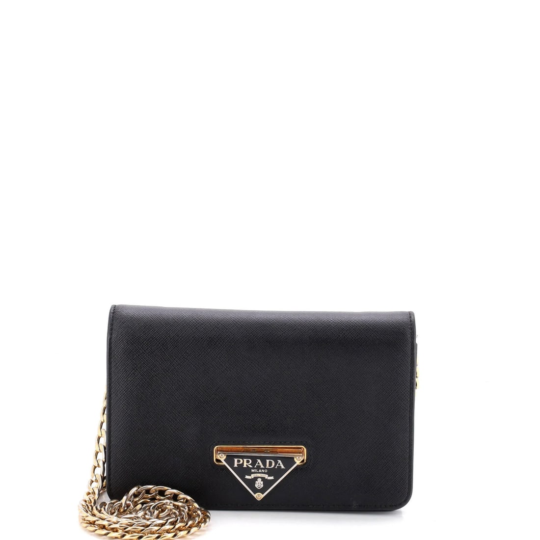 Flip Lock Wallet on Saffiano Leather Chain Small Prada: Flip Lock Wallet on Saffiano Leather Chain Small Prada Saffiano leather chain small shoulder bag with a flip lock wallet on chain clutch, featuring a sleek black exterior and red interior. The bag's e