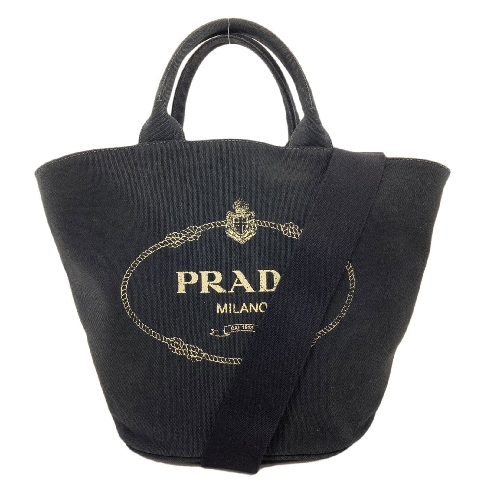 Canvas Prada Tote: Canvas Prada Tote Canvas Prada Tote in Black. This 29cm x 46cm x 17cm tote bag is made from canvas material and features a sleek black color. The bag's dimensions and material are characteristic of a 