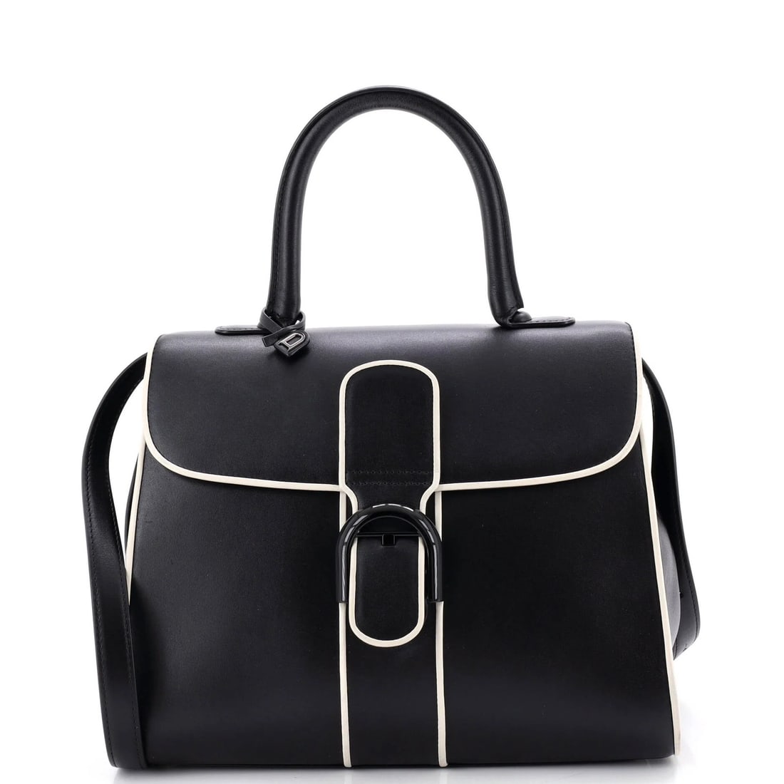 Delvaux Brillant Top Handle Bag Leather MM: Delvaux Brillant Top Handle Bag Leather MM The Delvaux Brillant Top Handle Bag Leather MM boasts a sleek black leather exterior with a neutral interior, complemented by a mirror charm and adjustable