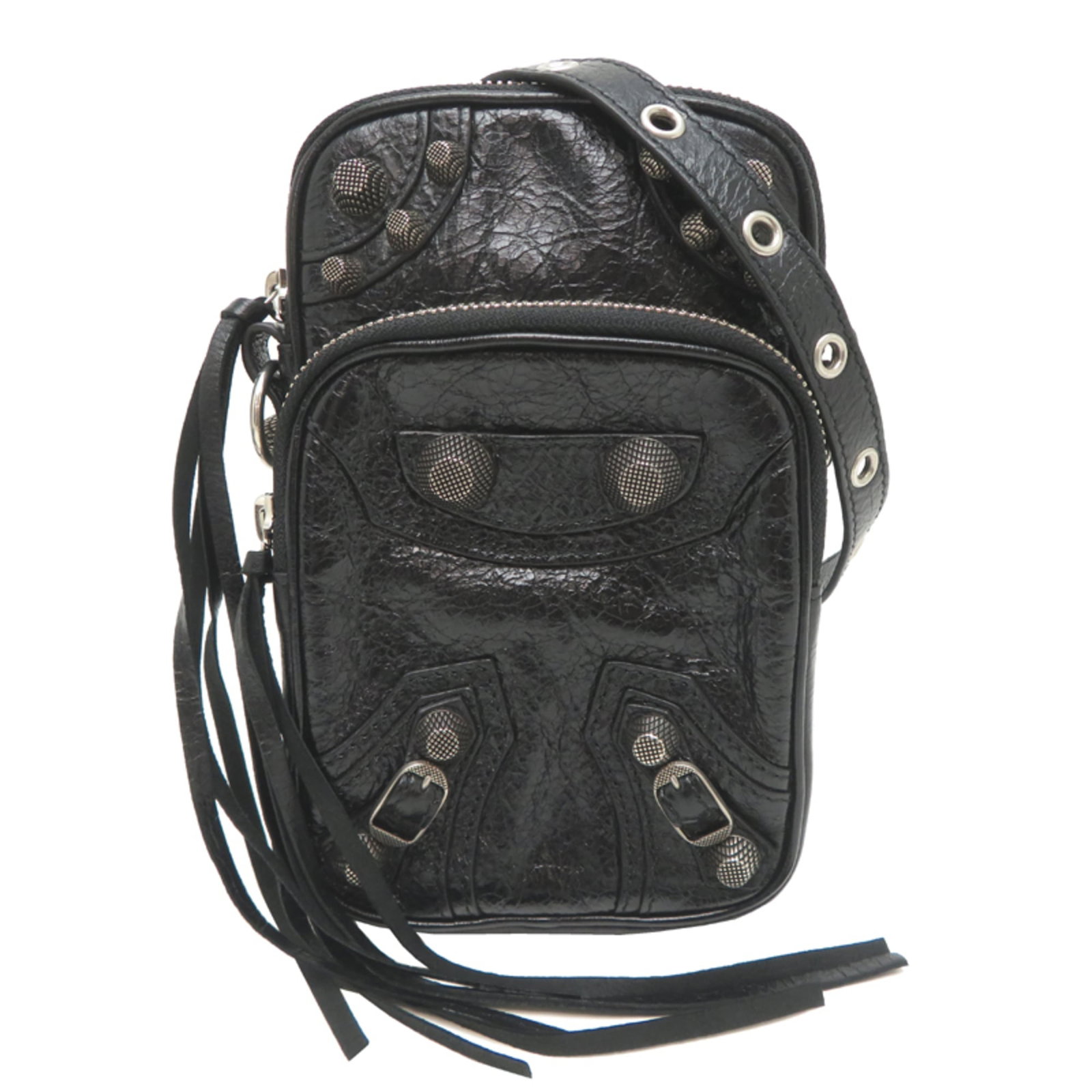 Bag Shoulder Leather Balenciaga: Bag Shoulder Leather Balenciaga Black leather shoulder bag from Balenciaga, measuring 19cm x 11cm x 4cm, with a sleek and modern design. The bag's classic style and timeless elegance make it a