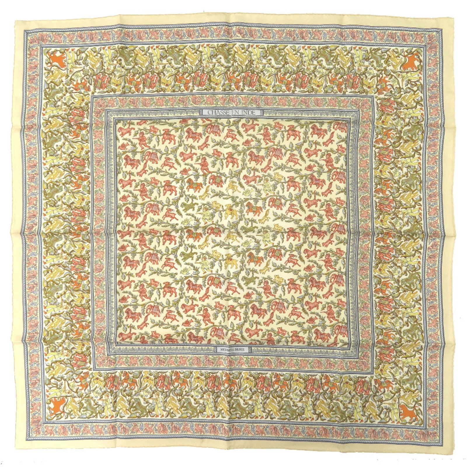 Silk Hermes Scarf: Silk Hermes Scarf Silk from France, this Hermes scarf boasts a classic ivory hue, a light blue accent, and a vibrant yellow tone, creating a visually striking combination. Measuring 87cm x 88.5cm, it 