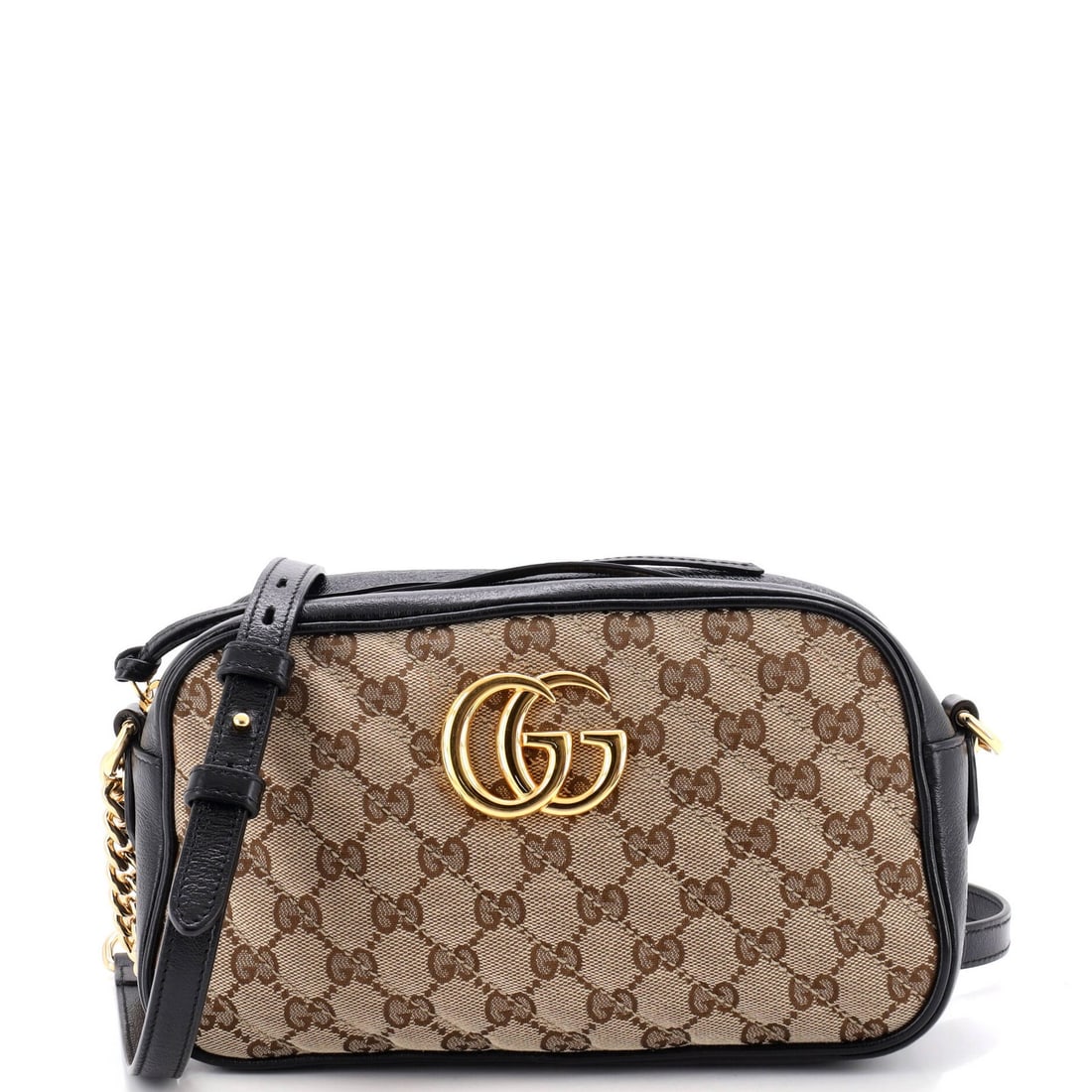 Gucci GG Marmont Shoulder Bag Diagonal Quilted GG Canvas with Leather Small: Gucci GG Marmont Shoulder Bag Diagonal Quilted GG Canvas with Leather Small Small Gucci GG Marmont Shoulder Bag with Diagonal Quilted GG Canvas and Leather in Black, featuring a classic cross-body