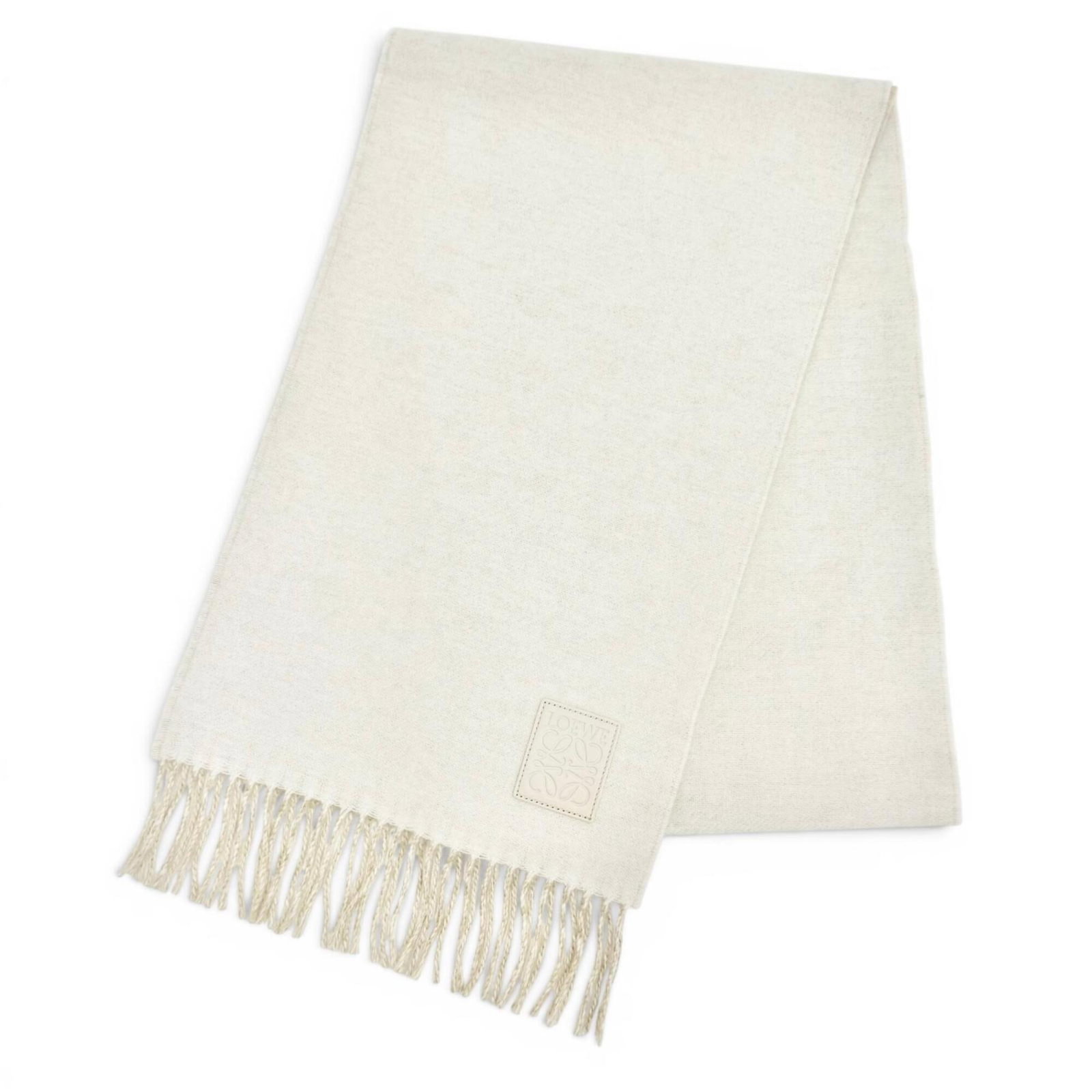 Cashmere Stole Wool Loewe: Cashmere Stole Wool Loewe Beige, ivory cashmere wool stole from renowned brand Loewe, crafted in the United Kingdom. This elegant stole measures 1.8m x 28cm, offering a sophisticated addition to any