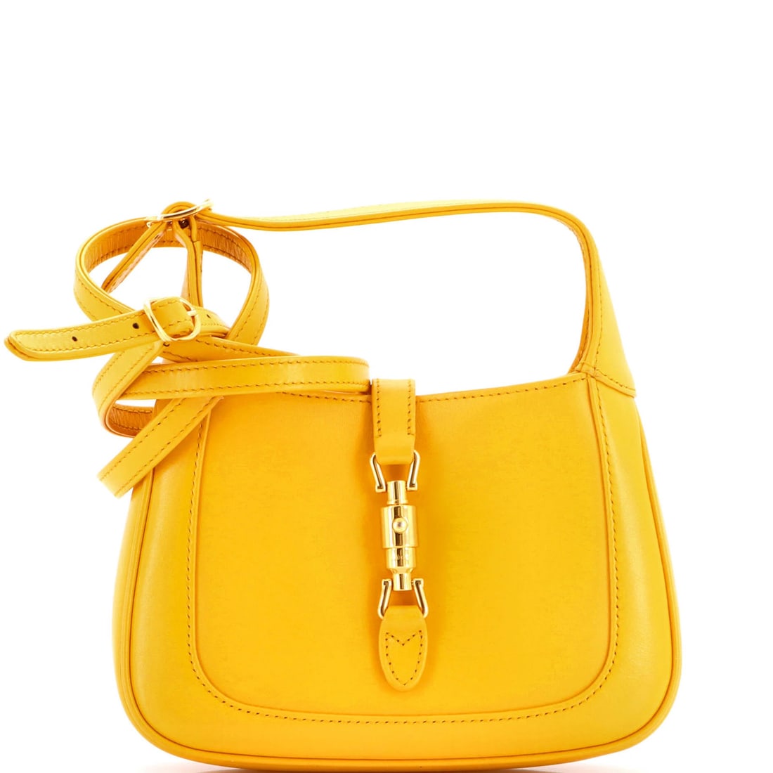Hobo Leather Mini Gucci Jackie 1961: Hobo Leather Mini Gucci Jackie 1961 Yellow Hobo Leather Mini Gucci Jackie 1961 with Gold Hardware, featuring a classic design and neutral interior, measures 5" high, 8" wide, and 1.5" deep. The