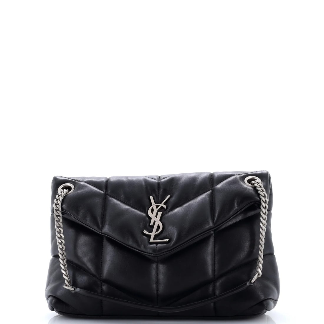 Loulou puffer quilted leather bag shoulder Saint Laurent small: Loulou puffer quilted leather bag shoulder Saint Laurent small Small Saint Laurent Loulou Puffer Shoulder Bag in Black Leather. This quilted leather cross body bag features a sleek design with a