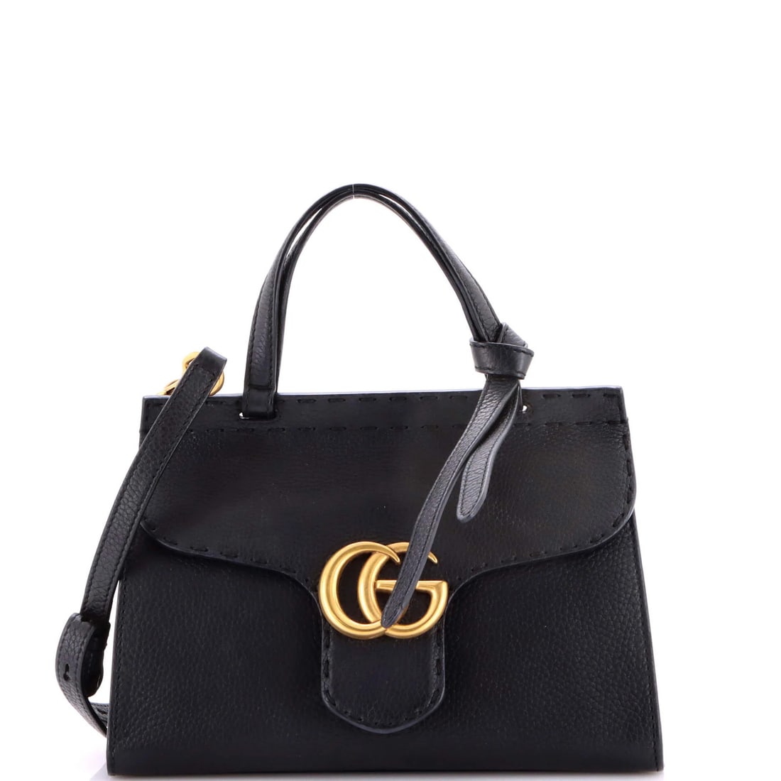 Marmont GG Mini Leather Top Handle Bag Gucci: Marmont GG Mini Leather Top Handle Bag Gucci Black leather mini top handle bag with aged gold hardware and a tassel strap, featuring the iconic GG Marmont design. The bag measures 3" drop handle,