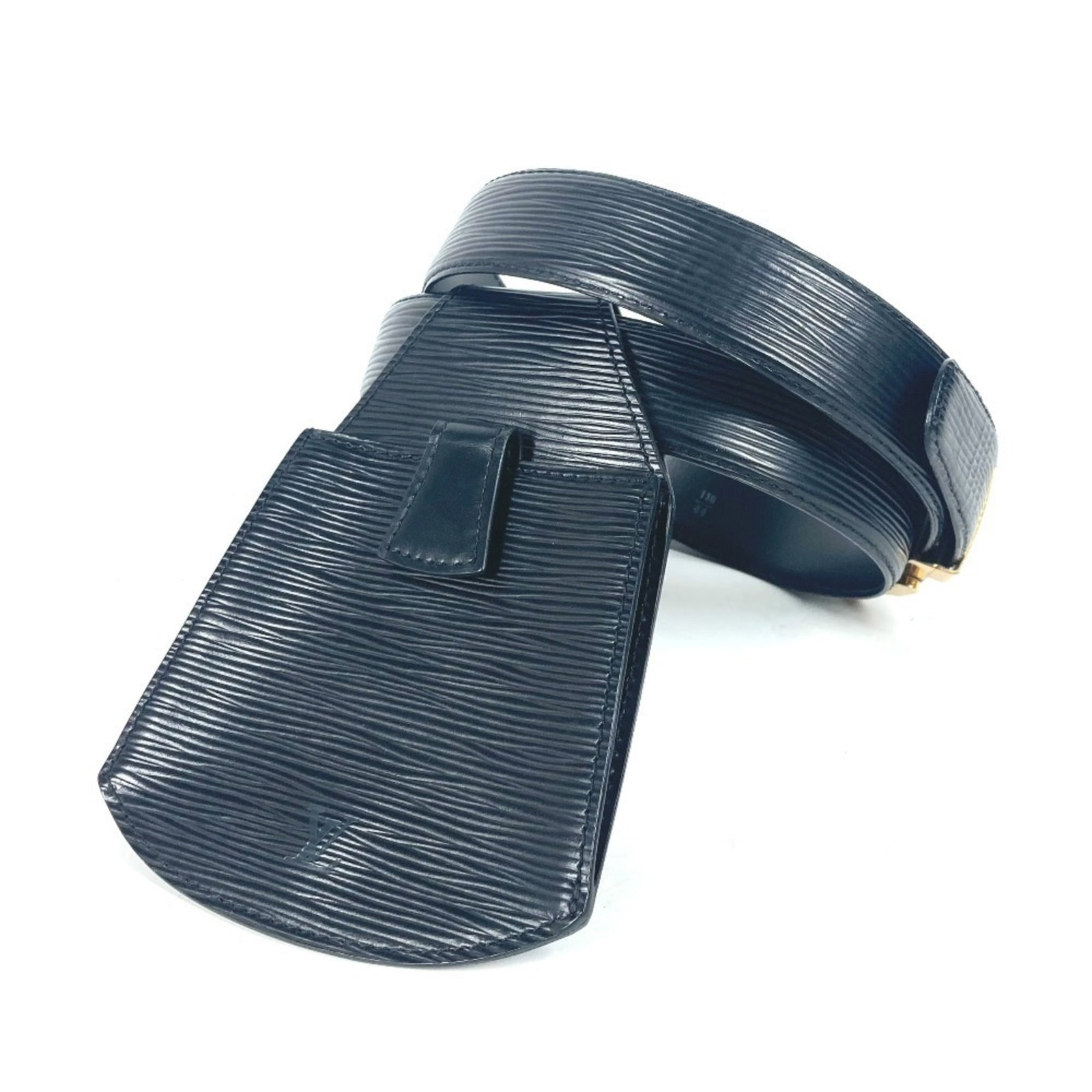 Epi Leather Sling Pouch Bag Louis Vuitton: Epi Leather Sling Pouch Bag Louis Vuitton Epi leather construction provides a durable and sophisticated look to this sleek Louis Vuitton sling pouch bag. The black Epi leather and gold hardware
