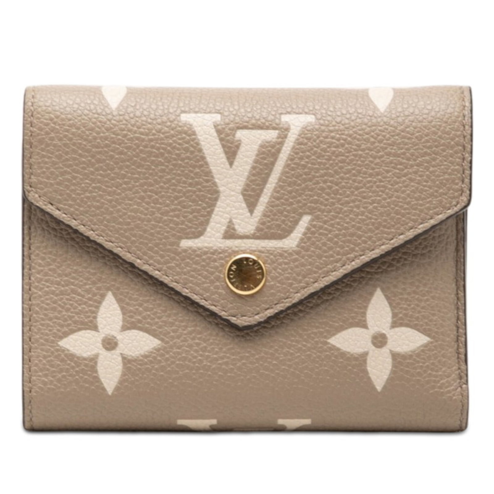 Louis Vuitton Wallet (Tri-Fold) Leather: Louis Vuitton Wallet (Tri-Fold) Leather The Louis Vuitton Tri-Fold Wallet in Beige, Cream, and Tourterelle is a classic design featuring the iconic monogram pattern. Made from high-quality leather,