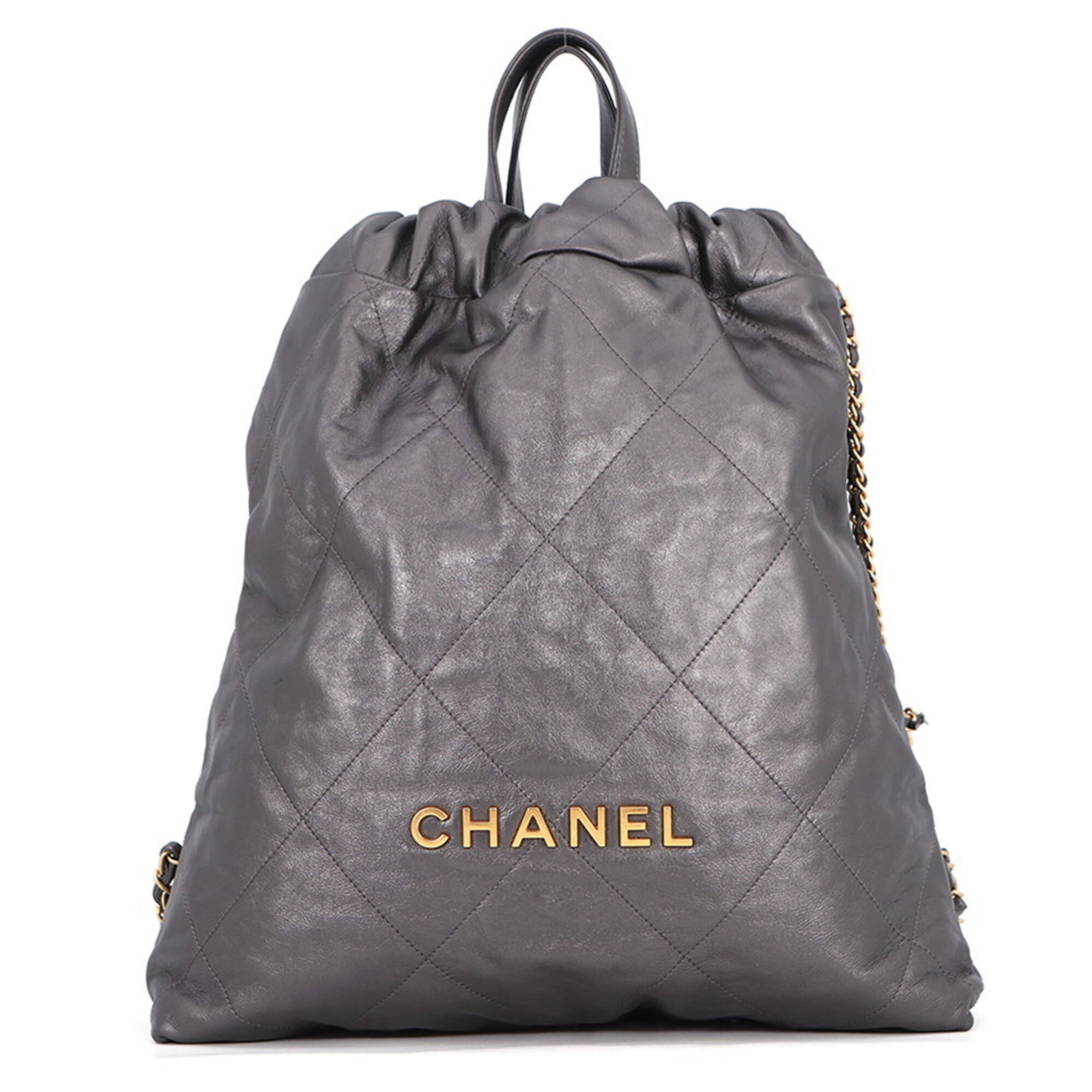 Handbag Leather from Chanel: Handbag Leather from Chanel Calfskin leather handbag with a gray color, measuring 40cm x 34cm x 8cm. This Italian-made Chanel handbag features a classic design and premium leather construction. Item