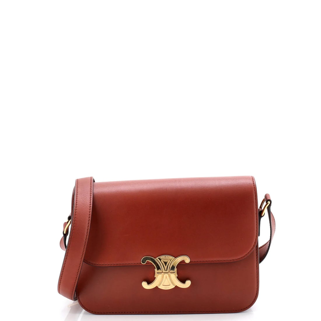 Calfskin Shoulder Bag Smooth Medium Triomphe Celine: Calfskin Shoulder Bag Smooth Medium Triomphe Celine Smooth and sophisticated, this Medium Triomphe Celine shoulder bag boasts a rich brown calfskin exterior, complemented by a matching leather